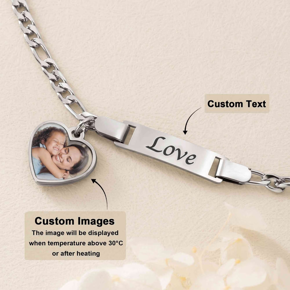 Personalized Heat-Activated Heart Charm Hidden Photo Bracelet with Engraved Text