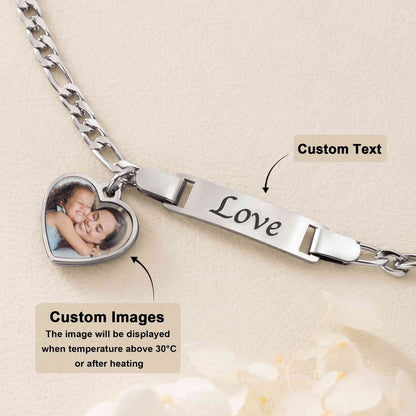 Personalized Heat-Activated Heart Charm Hidden Photo Bracelet with Engraved Text