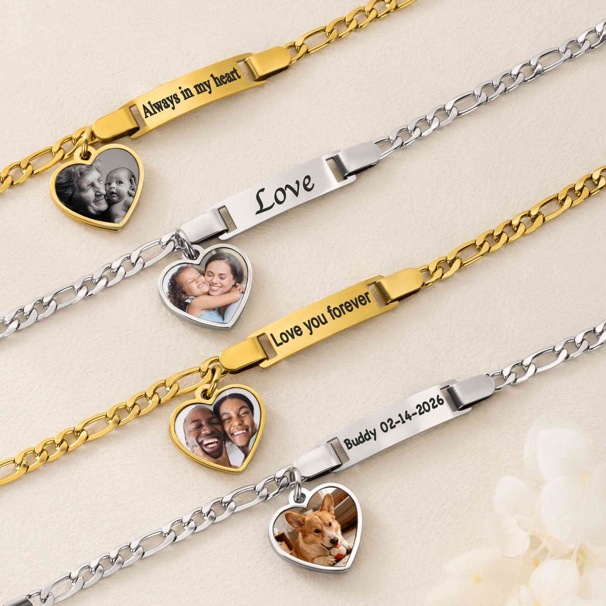 Personalized Heat-Activated Heart Charm Hidden Photo Bracelet with Engraved Text