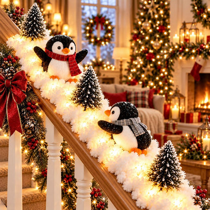 Playful Penguin Snowy Stair Railing Decor