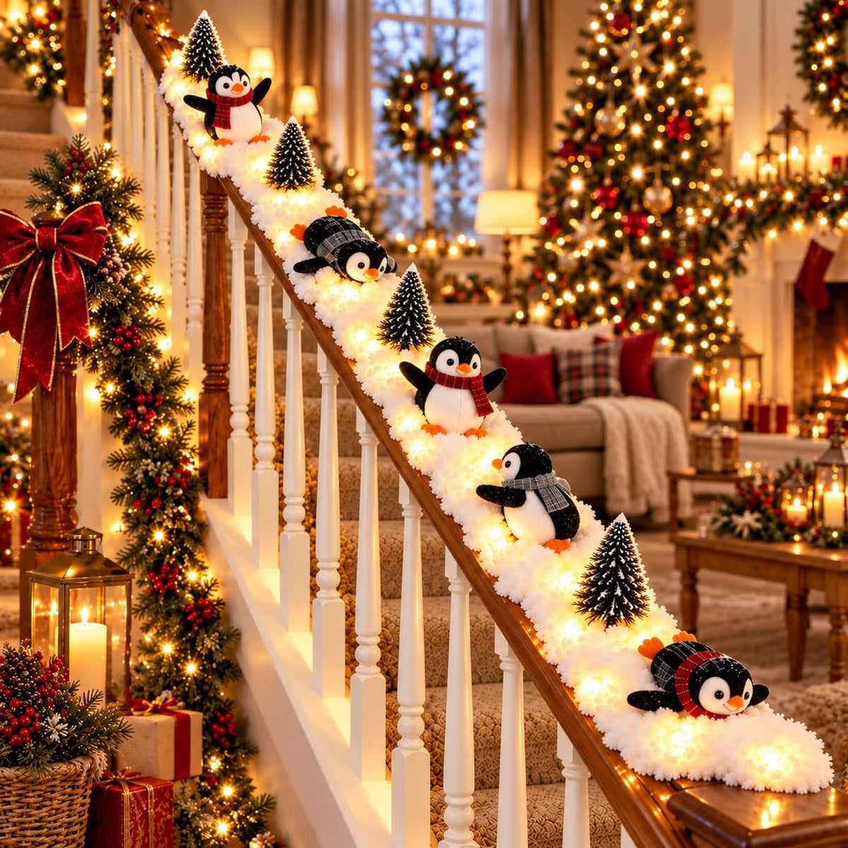 Playful Penguin Snowy Stair Railing Decor