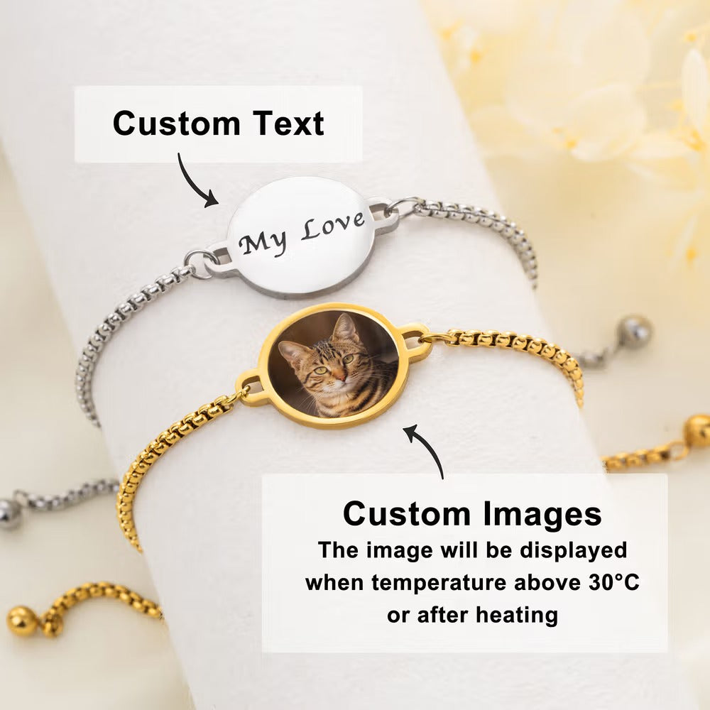 Personalized Heat-Activated Hidden Photo Adjustable Bracelet with Engraved Text